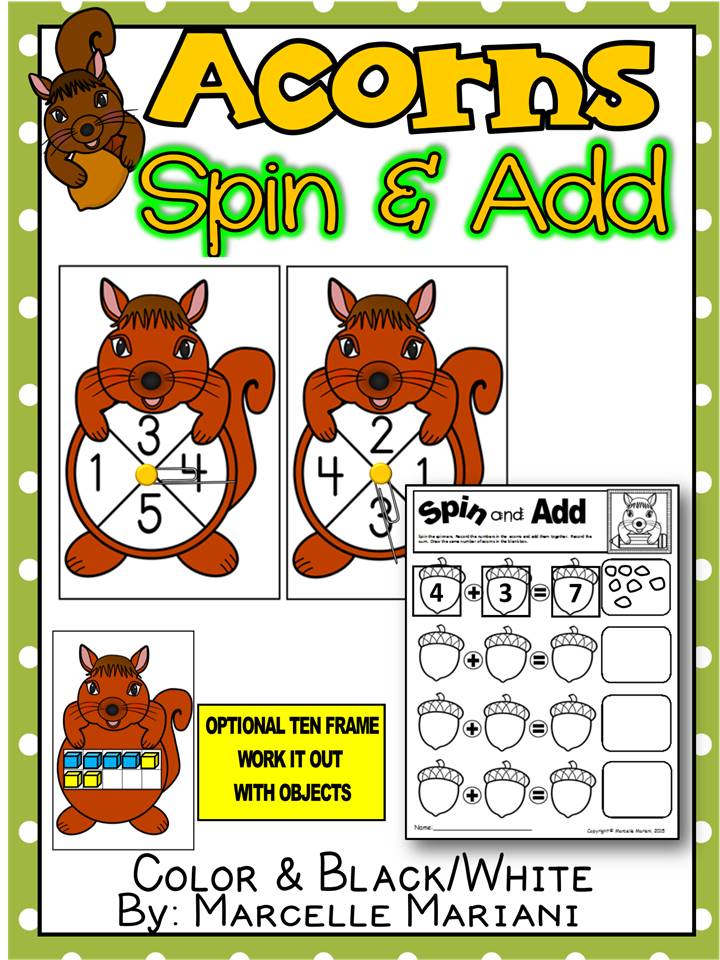 Fall-Autumn ACORNS- SPIN AND ADD MATH CENTER ACTIVITY