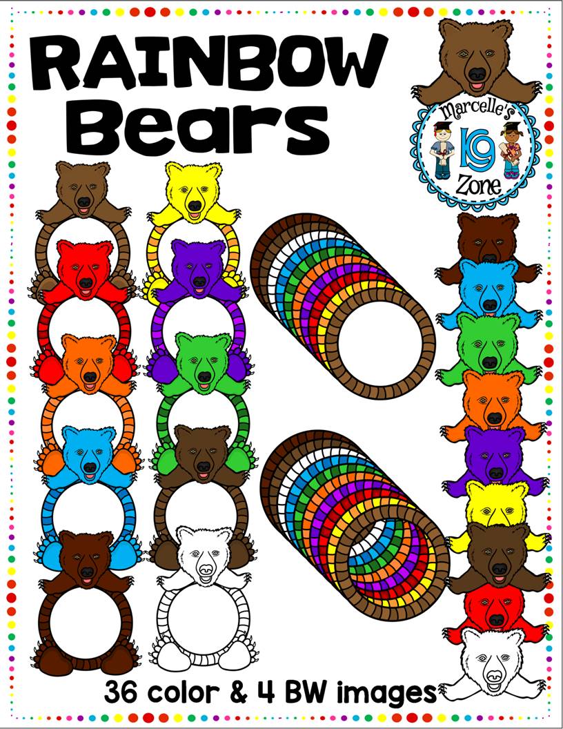 RAINBOW BEARS- BEAR TOPPERS AND FRAMES CLIP ART