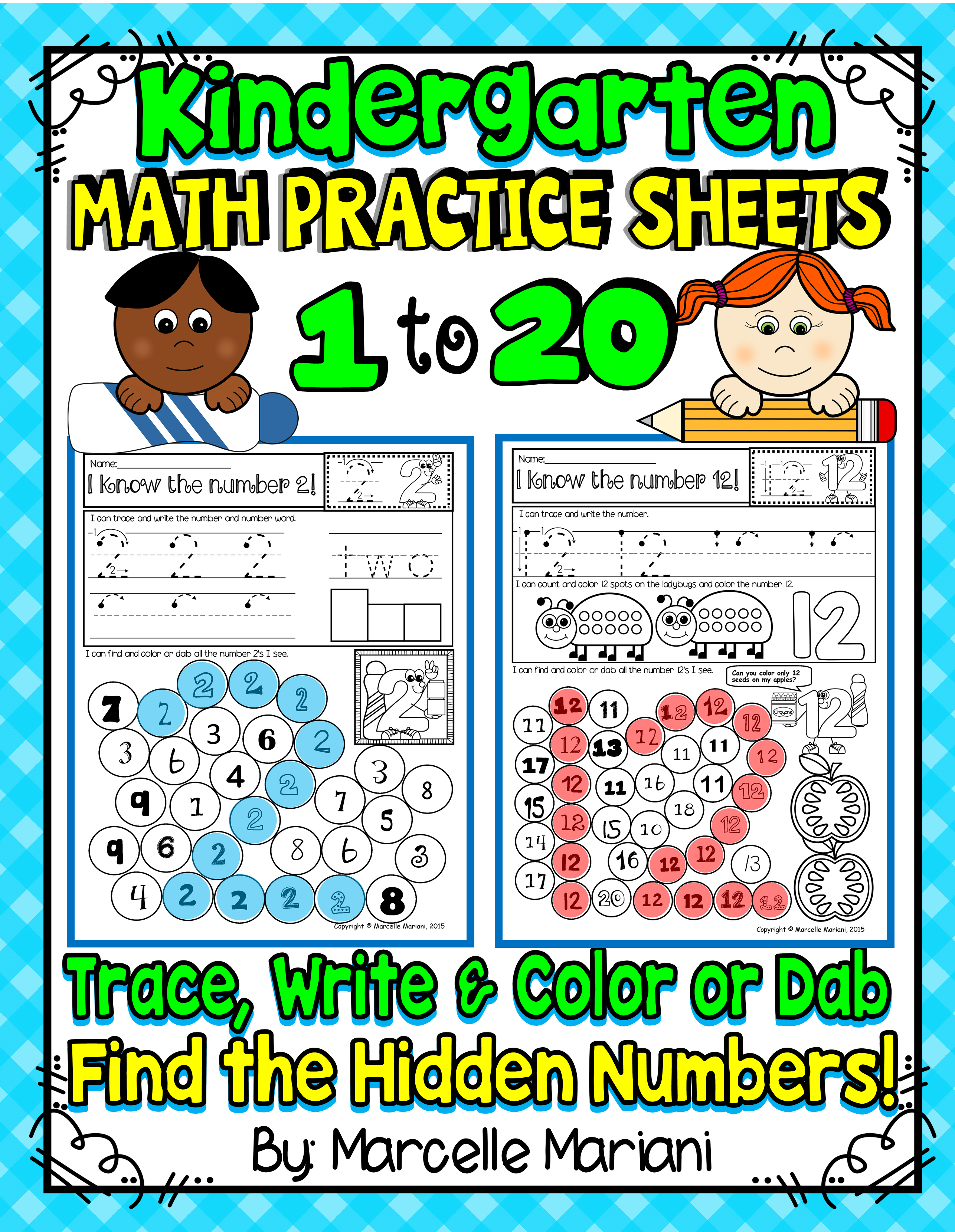 KINDERGARTEN Trace, Write, Dab or Colour Numbers- Math Practice Worksheets (1-20)