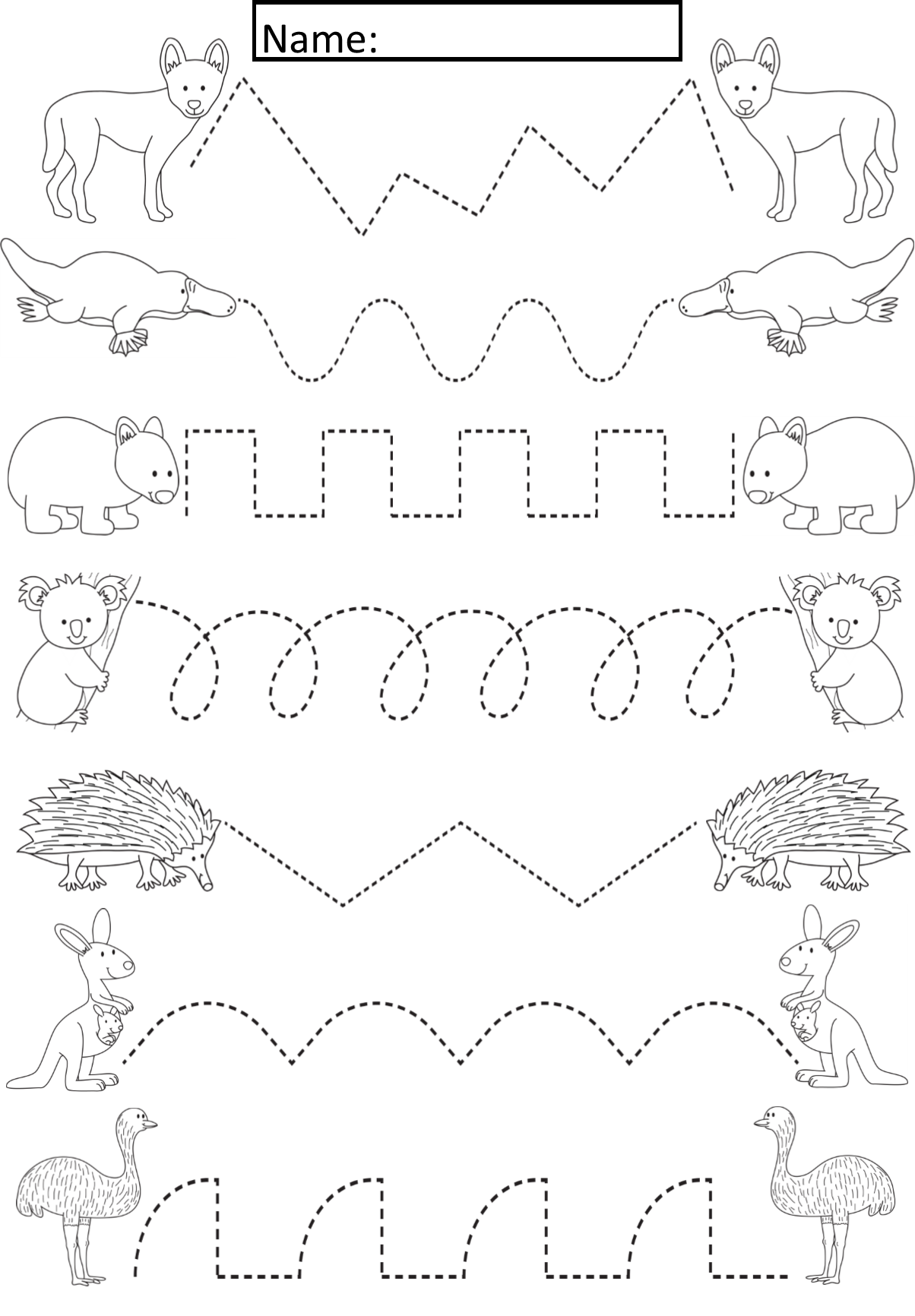 Australian Animals Tracing Lines Activity For Early Years Pre K-1
