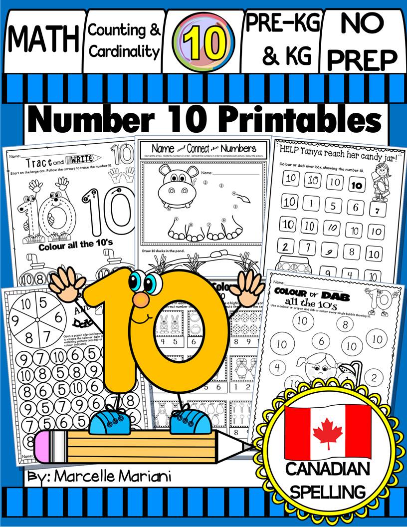 Number 10 Math Worksheets-NO PREP- CANADIAN & US SPELLING