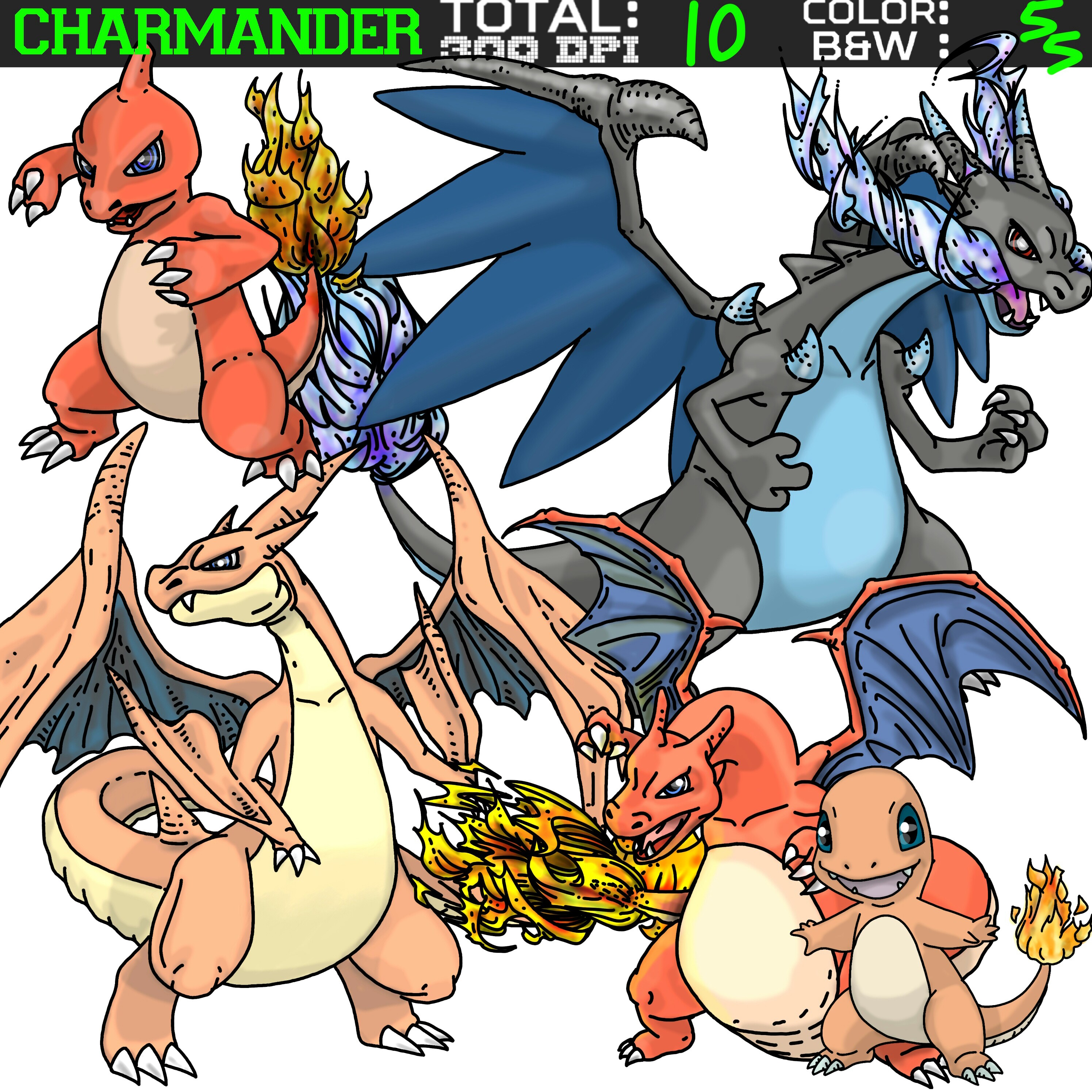 Pokemon clipart - Charmander, Charmeleon, Charizard, Mega Charizard