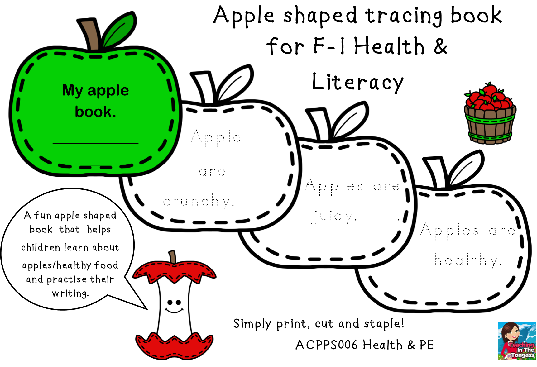 ACARA ACPPS006 Apple shaped tracing book F-1 Fruit Health Literacy Fun