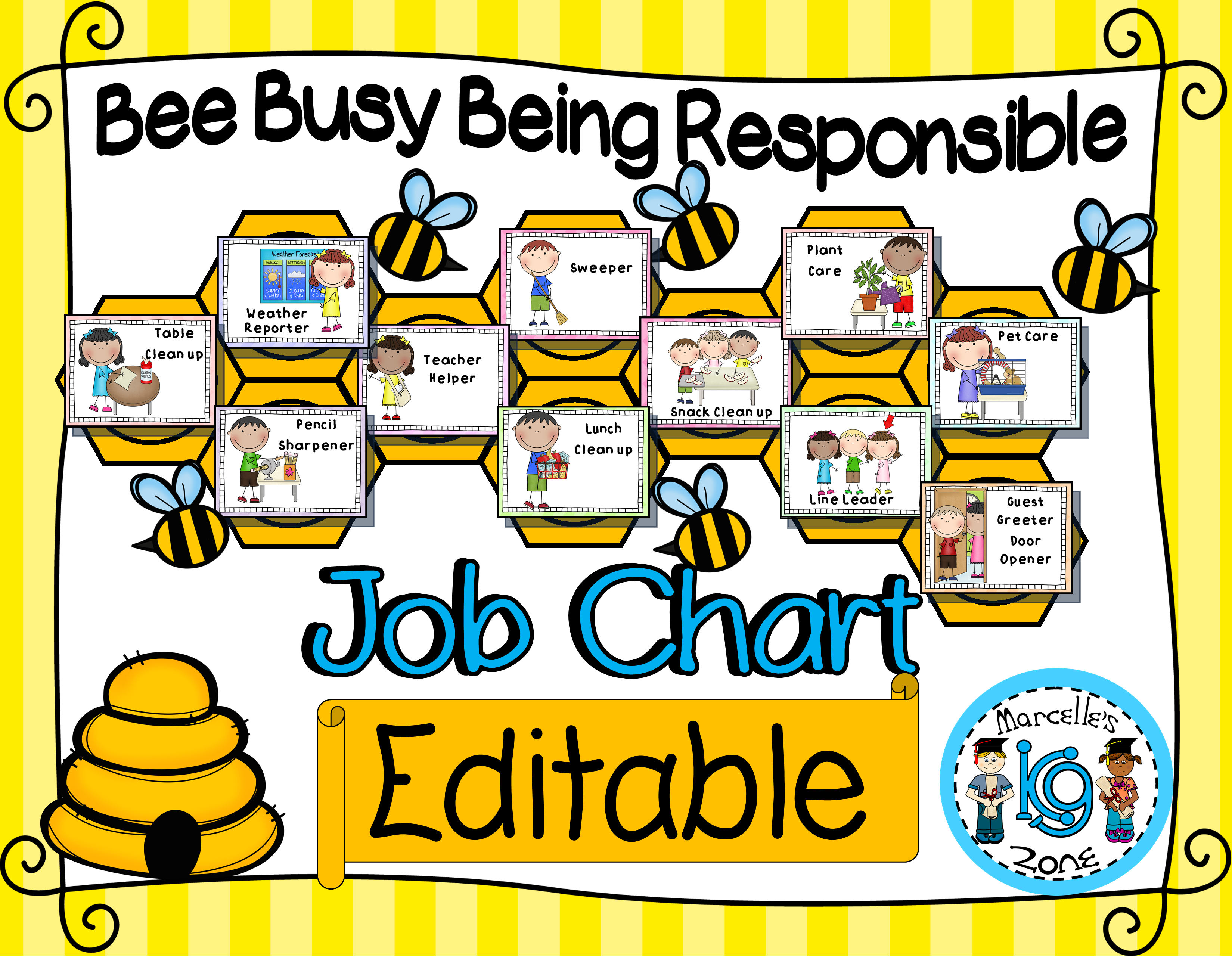 Classroom Job Chart and Classroom labels (Bee + OWL Theme)- EDITABLE