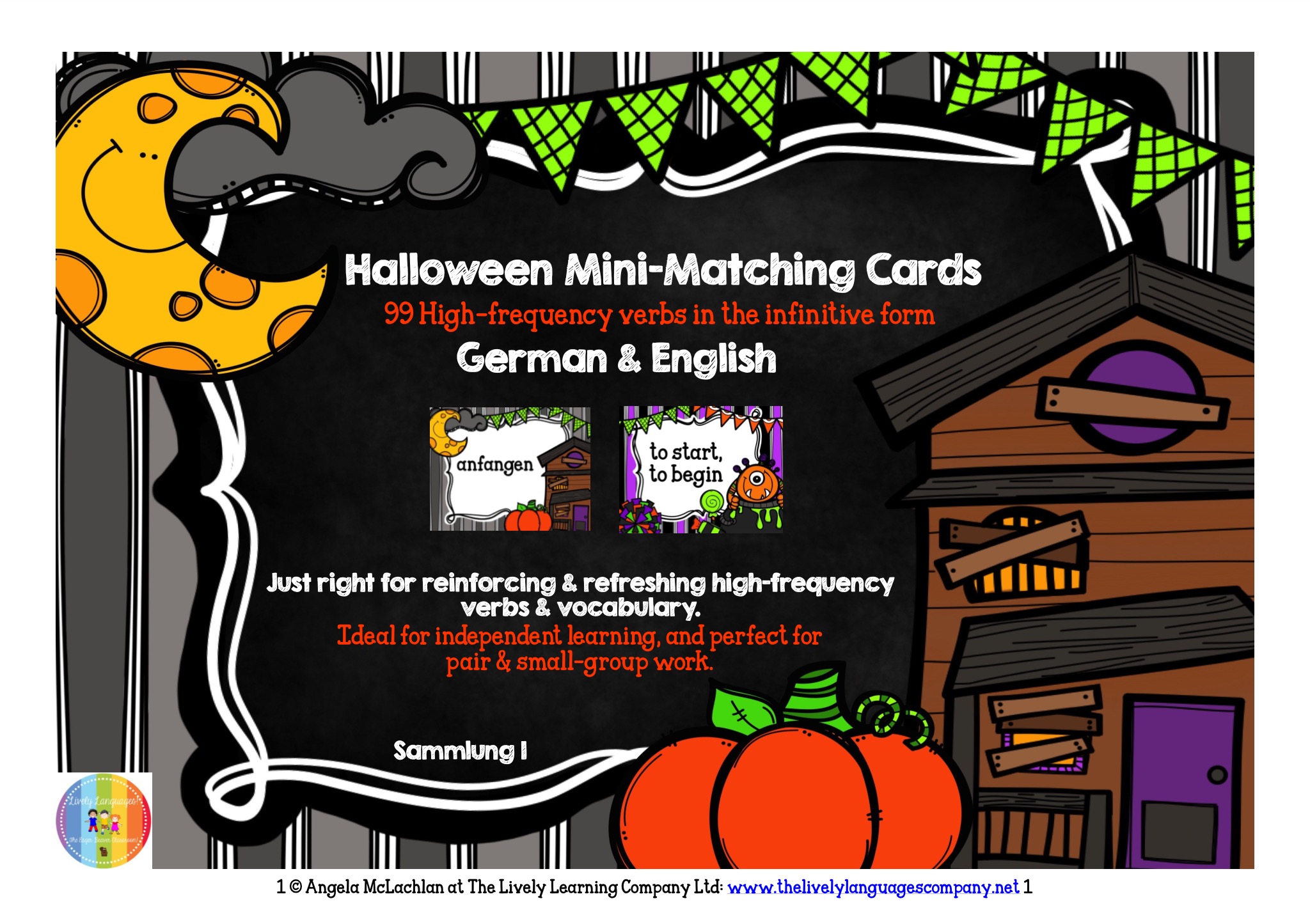 Halloween Mini-matching Cards for Word Work - 99 High-frequency Verbs in German & English
