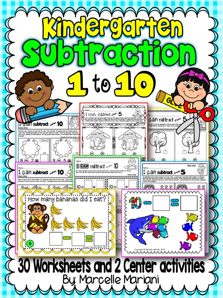 KINDERGARTEN SUBTRACTION Math practice worksheets-Set 1- Numbers 1-10