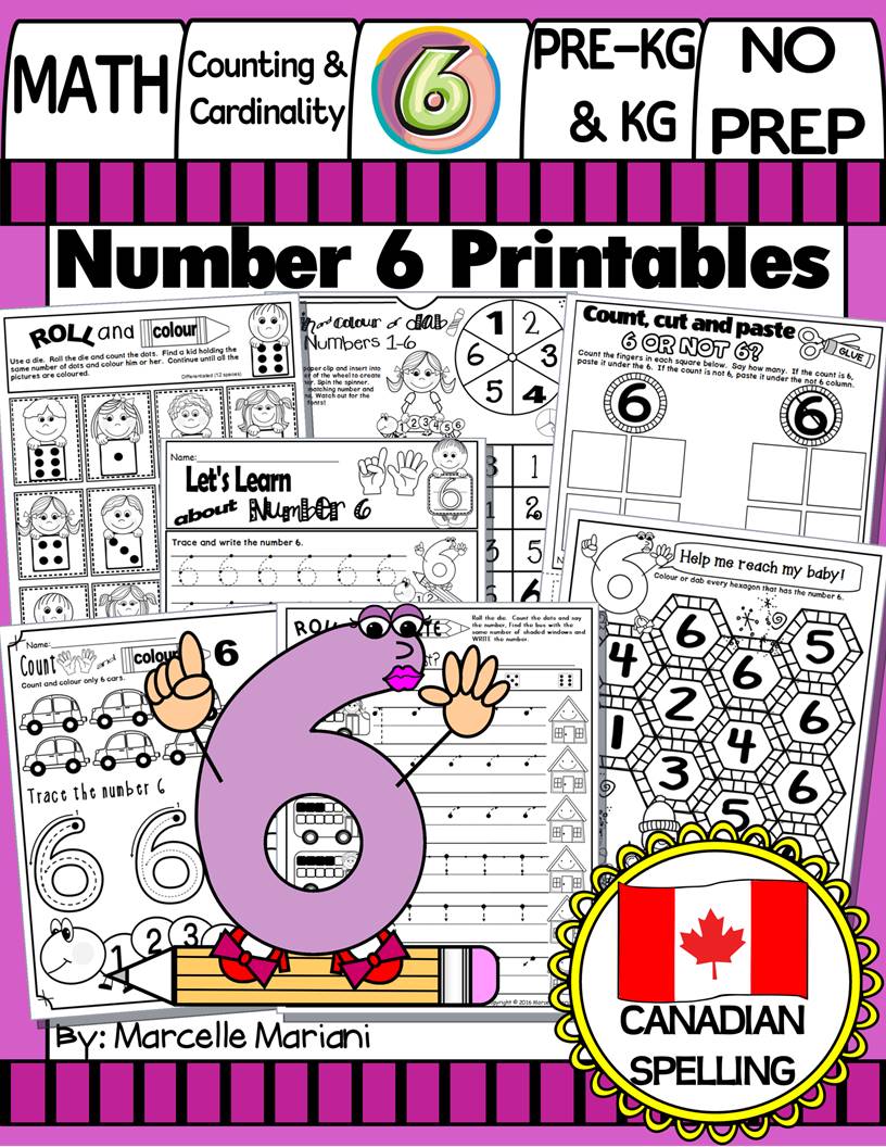 Number 6 Math Worksheets-NO PREP- CANADIAN & US SPELLING