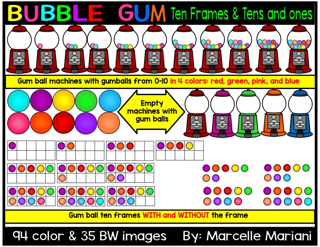 GUMBALLS, GUMBALL MACHINES TEN FRAMES & TENS AND ONES CLIP ART