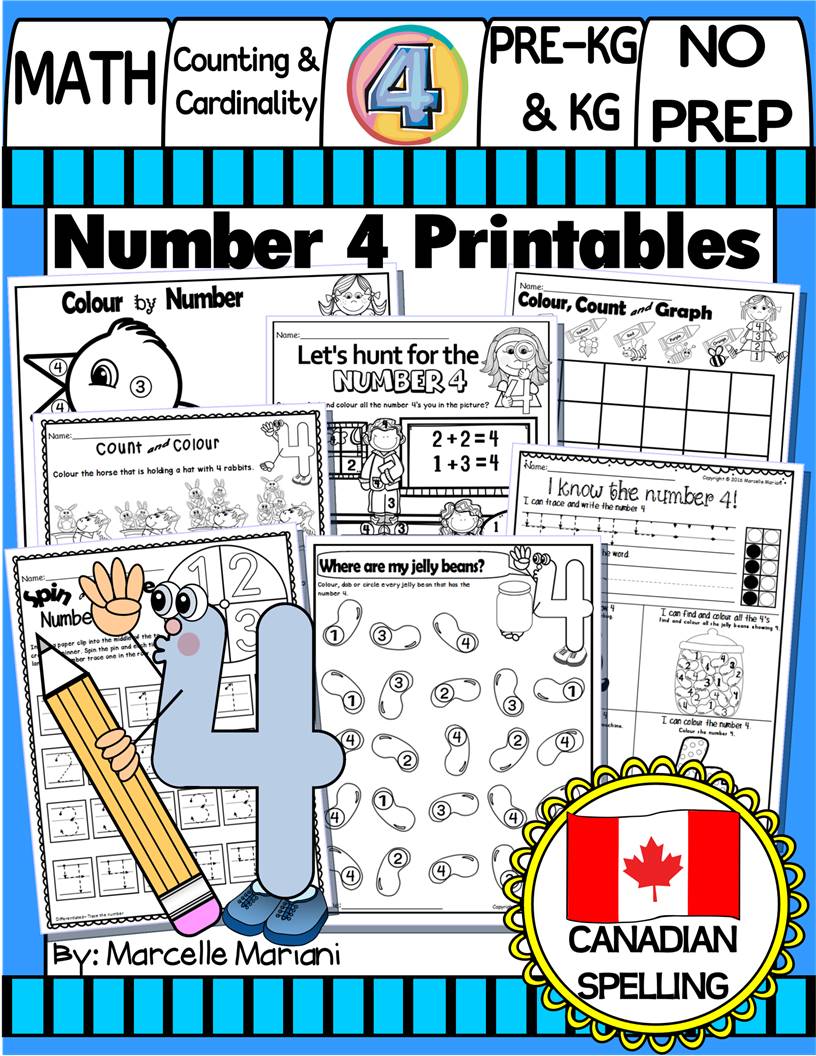 Number 4 Math Worksheets-NO PREP- CANADIAN & US SPELLING