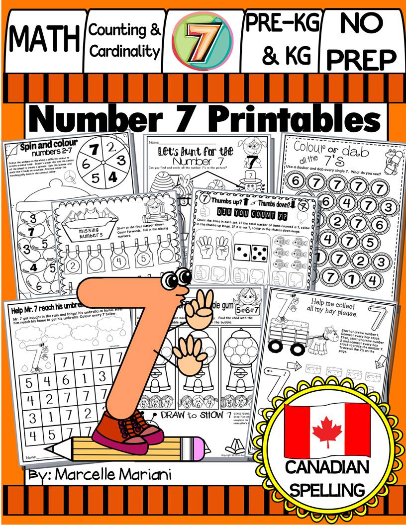 Number 7 Math Worksheets-NO PREP- CANADIAN & US SPELLING
